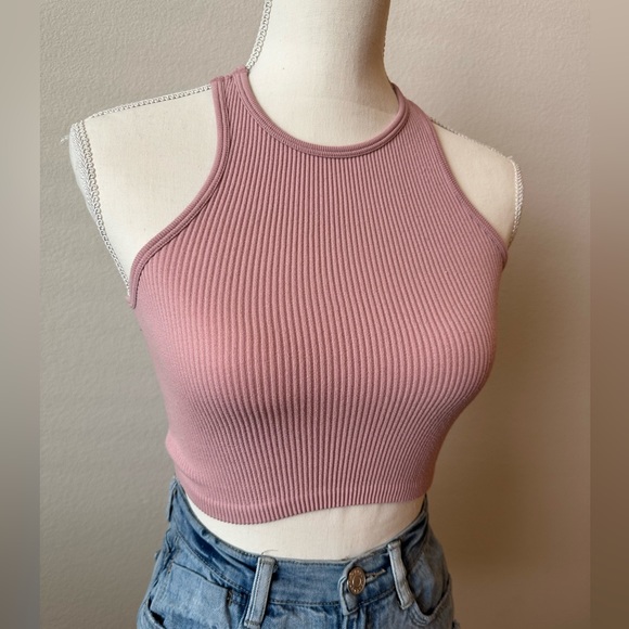 Pink High Neck Stretchy Ribbed Racer Back Crop Top Basic Size Small - Picture 4 of 5